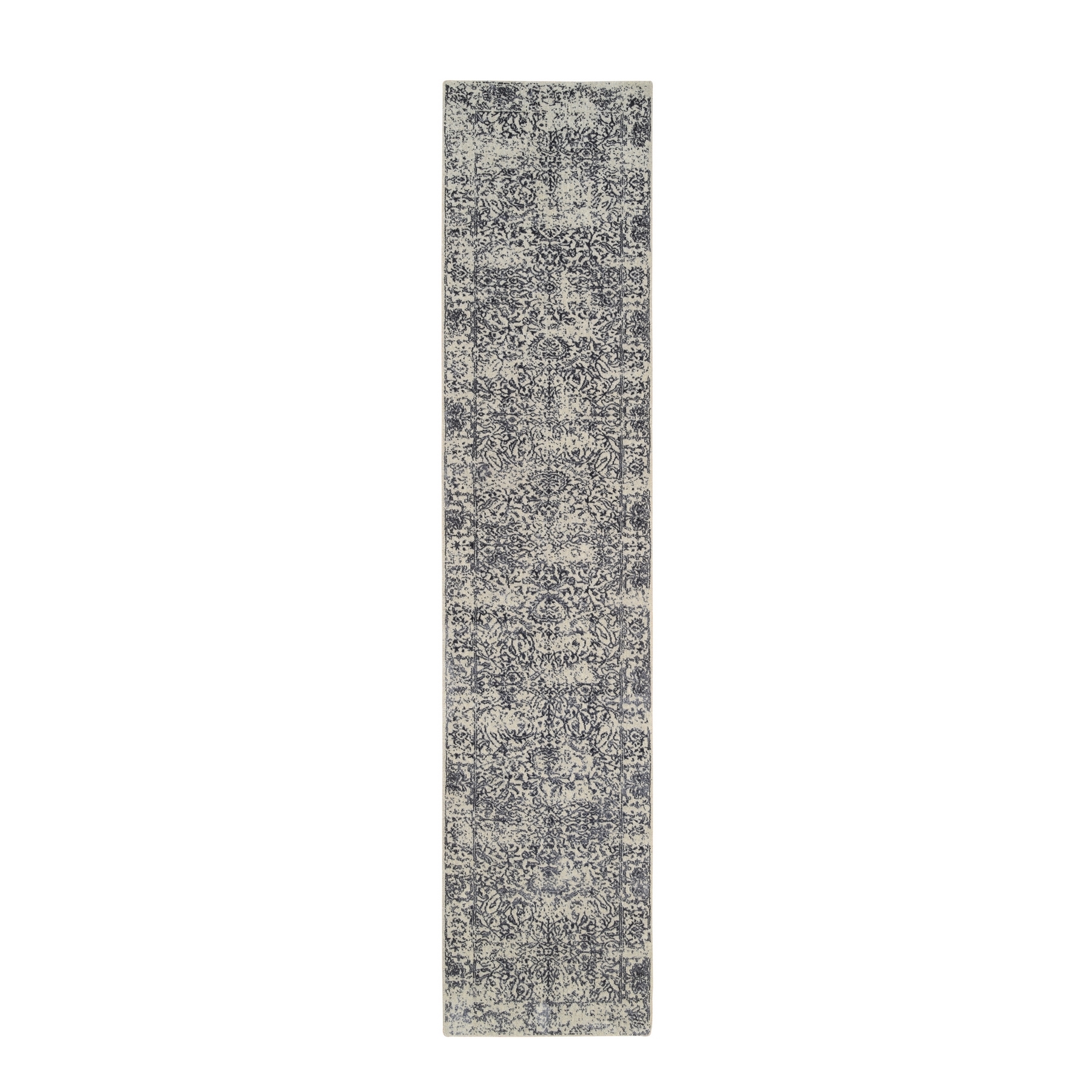 2'7"x12'2" Wool and Art Silk Hand Loomed Light Gray Fine Jacquard with Erased Design Oriental Runner Rug 